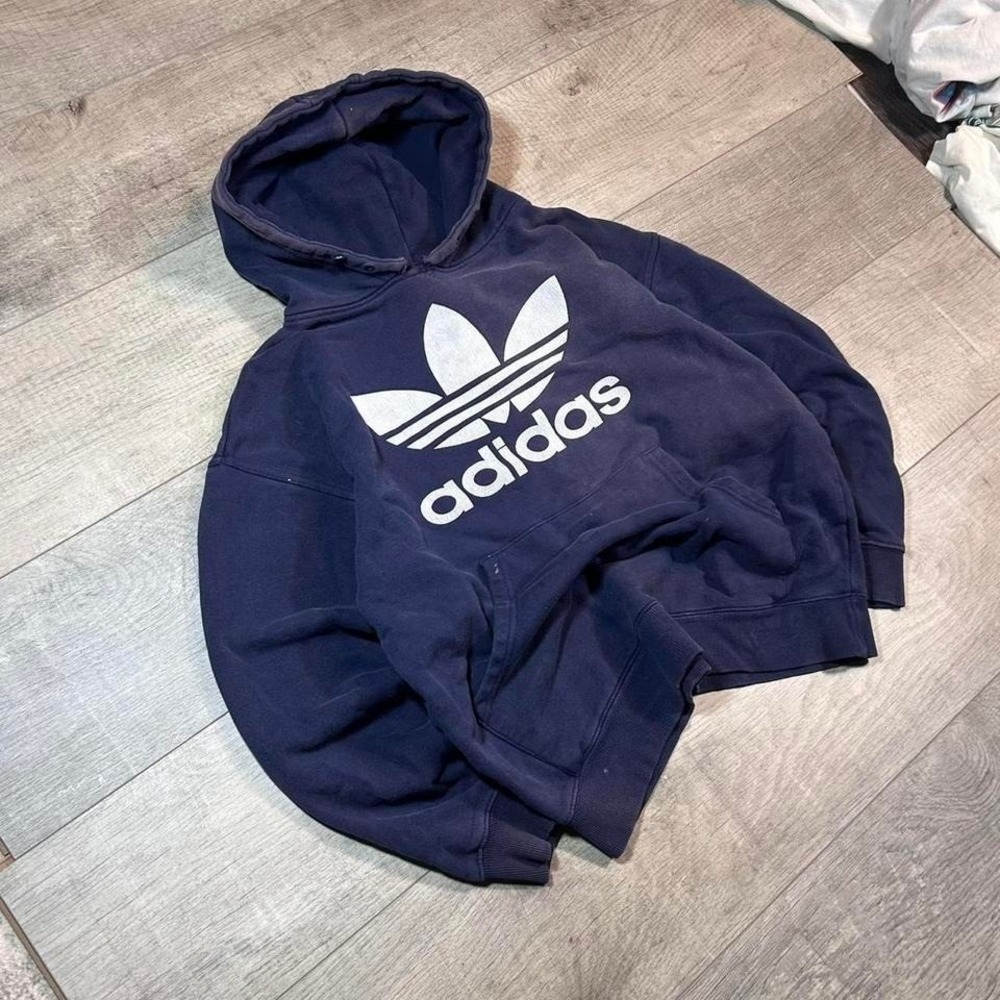 Adidas Navy blue  vintage 90s crazy logo hoodie Crazy fade and distressing